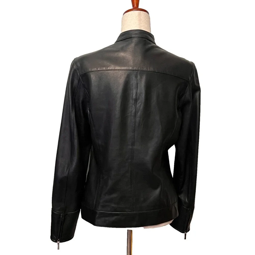 Faconnable Women's M Black Lambskin Leather Moto Jacket City Biker Rock Gothic - Picture 3 of 11
